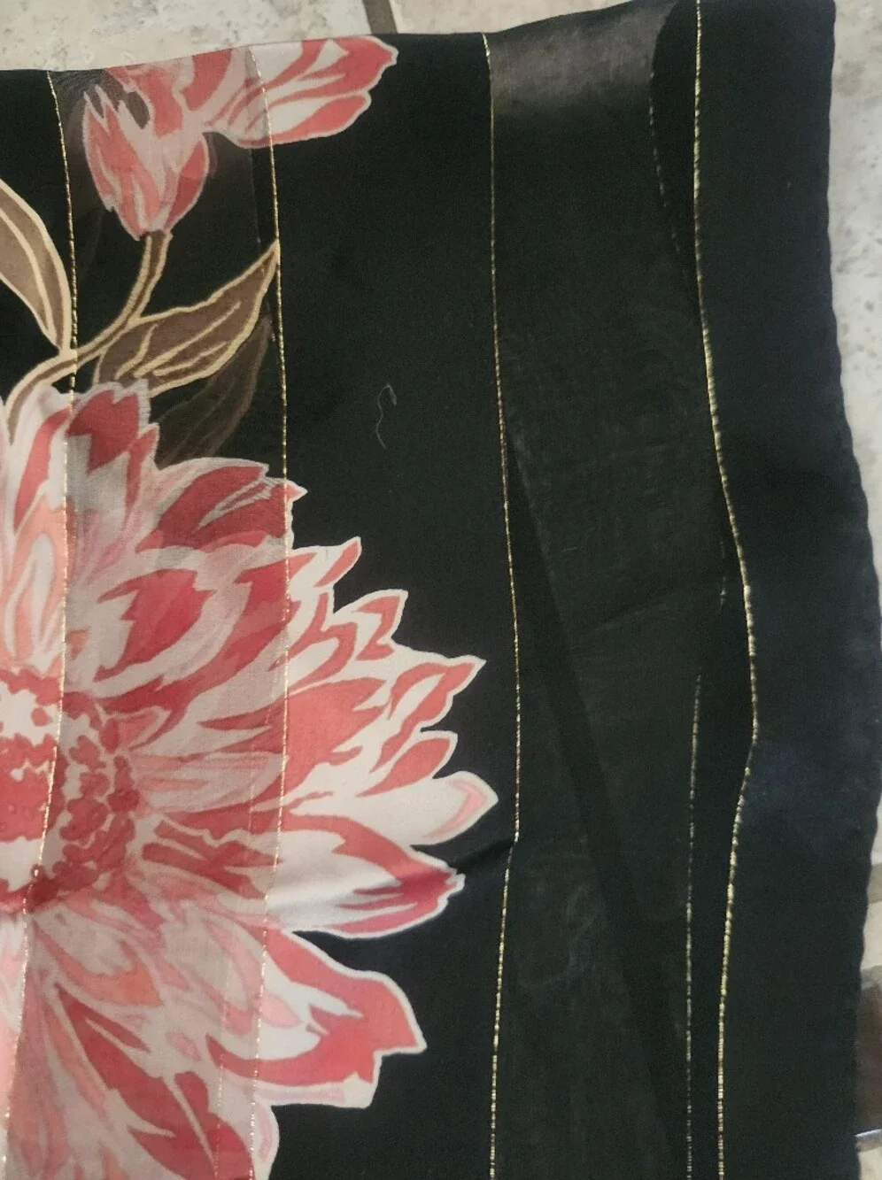 Vtg Sheer Black Floral Silk Scarf with Pink Bloom Print